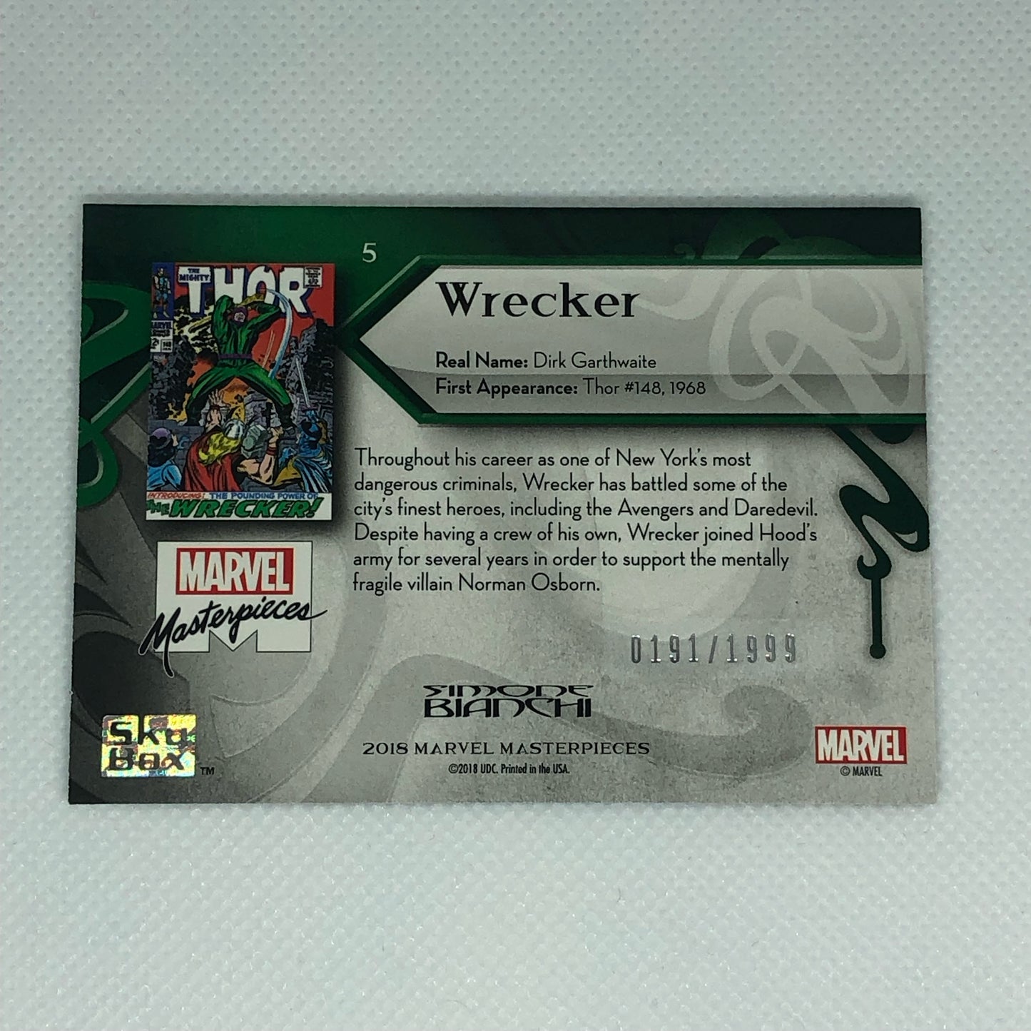 レッカー 2018 Marvel Masterpieces ベースカード #5 1999枚限定