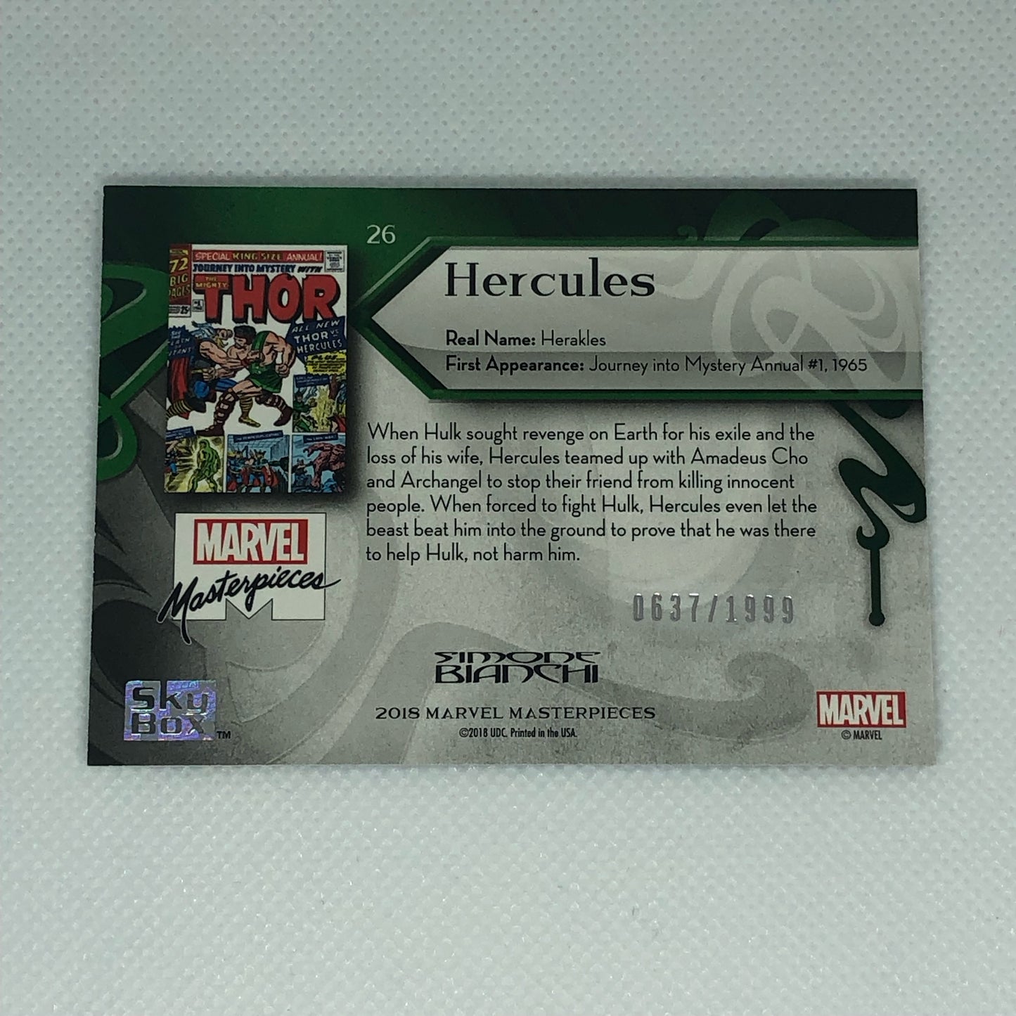 ハーキュリーズ 2018 Marvel Masterpieces ベースカード #26 1999枚限定