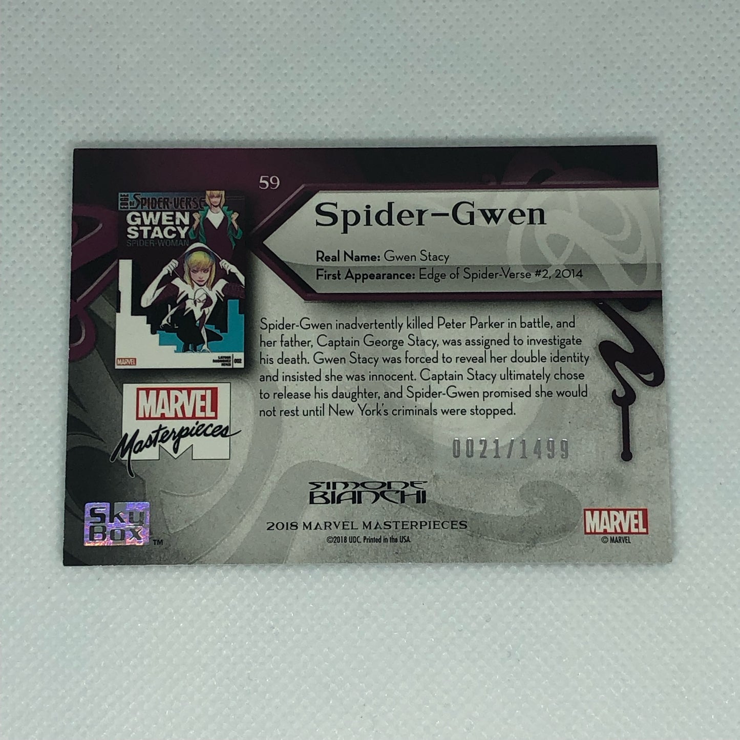 スパイダーグウェン 2018 Marvel Masterpieces ベースカード #59 1499枚限定